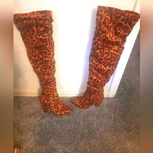 Leopard Print Over-the-Knee Heeled Boots - Brown/Brown